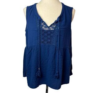 DR2 Solid Blue V Neck Lace Sleeveless Blouse L